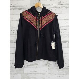 Anthropologie Akemi + Kin Black Beaded Lace Trim Zip Hoodie Large